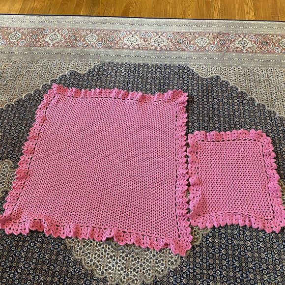 Handmade Crochet Baby Blanket Pink & White 35” X 33” & Shoulder Crochet Burp Pad - Picture 3 of 6
